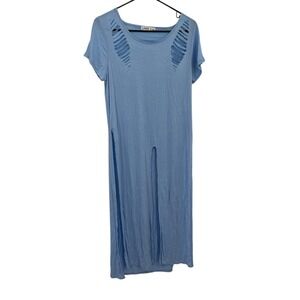 Distressed Cutout Maxi Dress L Blue Grunge Edgy Casual Slashed Streetwear